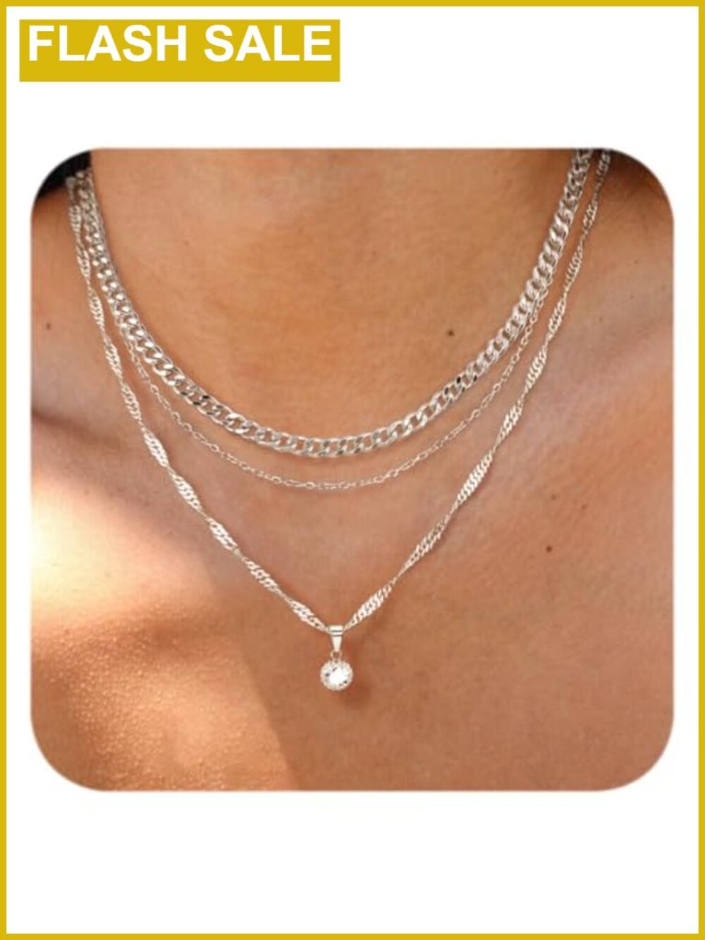 Sterling Silver Layered Necklace Set CZ Pendant Cuban Choker Adjustable